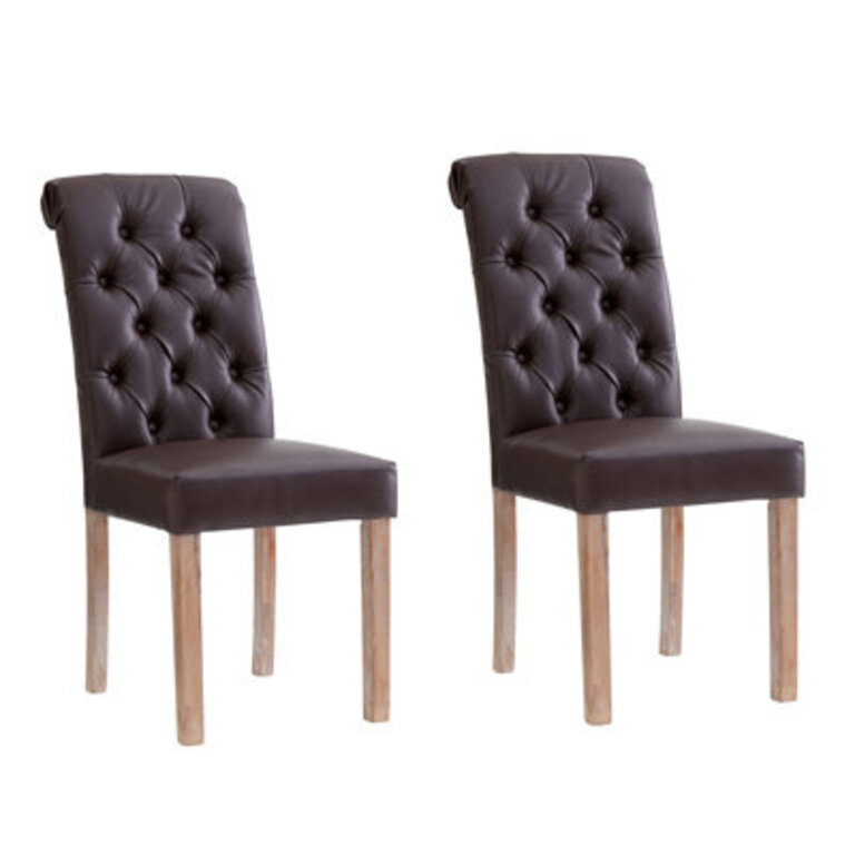 Natalie Roll Top Tufted Brown Faux Leather Modern Dining Chair Set Of 2
