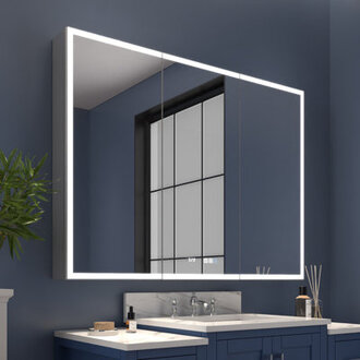 Clayvon 36 H 48 W LED Recessed or Surface Mount Frameless Medicine Cabinet with Mirror 6 Shelves Electrical Outlet and USB