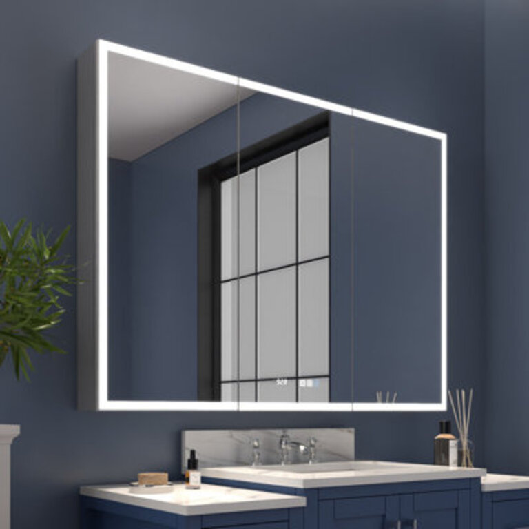 Clayvon 36 H 48 W LED Recessed or Surface Mount Frameless Medicine Cabinet with Mirror 6 Shelves Electrical Outlet and USB