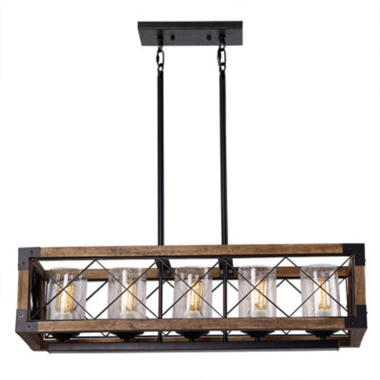 Daberechi Rectangle Wood Metal Pendant Light Kitchen Island Chandelier Vintage Ceiling Light Fixture 5 Lights with Glass Shade