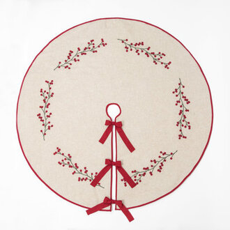 Holly Berry Branch Crewel Embroidered Christmas Tree Skirt