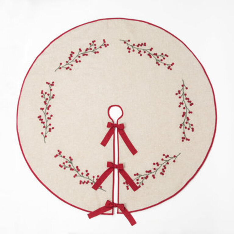 Holly Berry Branch Crewel Embroidered Christmas Tree Skirt