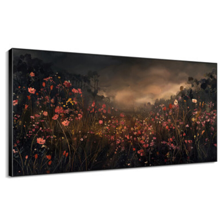 Moody Wildflower Meadow in Dark Tones Illustrations Extra Large Framed Wall Art Print Decor Frame Assembly Required