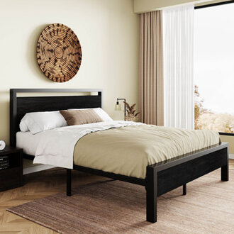 Metal Frame Platform Bed with Wood Headboard