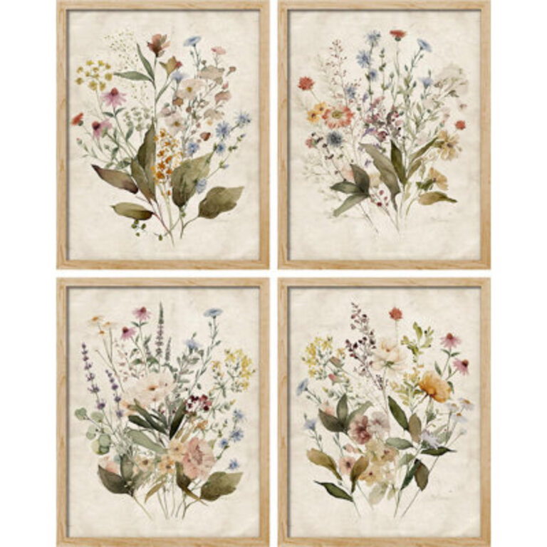 Vintage Wildflowers Bouquet Antique Botanical Floral Pictures Framed Paper 4 Pieces Print Wall Art