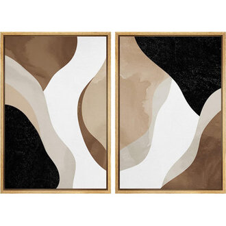 Watercolor Tan Brown Waves Organic Modern Abstract Wall Art Framed On Canvas 2 Piece Painting Print