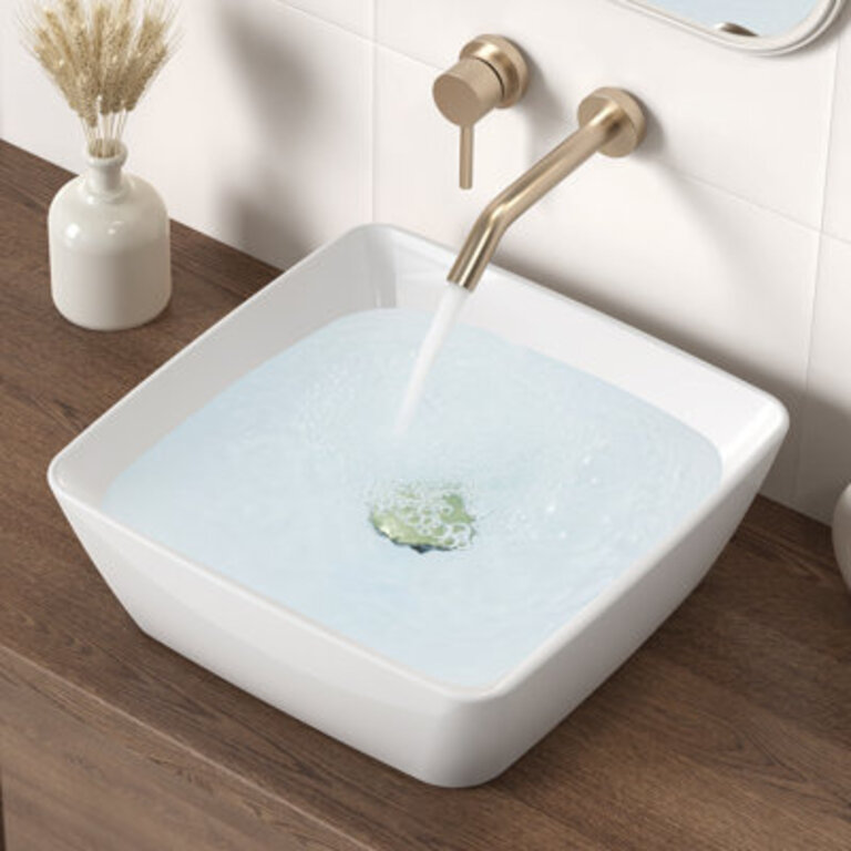 KES Bathroom Sink White Square Vessel Sink for Bathroom White Ceramic 17 Inch Above Counter