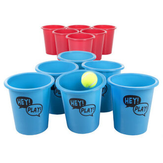 Giant Yard Pong Outdoor Game Set with 12 Buckets 2 Balls and Carrying Tote - Bucket Toss Outdoor Lawn Games and Activities for Family by Hey Play Blue and Red