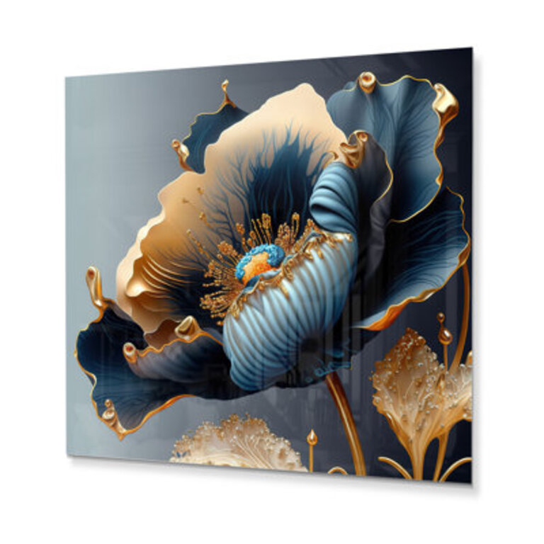 Offerman Deep Blue and Gold Single Flower III - Blue Flower Print Art on Metal