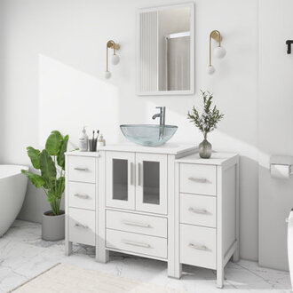 48 Bathroom Vanity Sink Combo with Glass Sink Wood Top 2 Side Cabinets Faucet