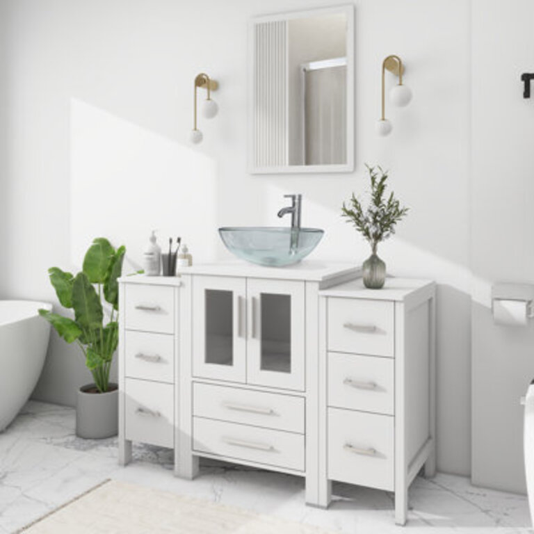 48 Bathroom Vanity Sink Combo with Glass Sink Wood Top 2 Side Cabinets Faucet