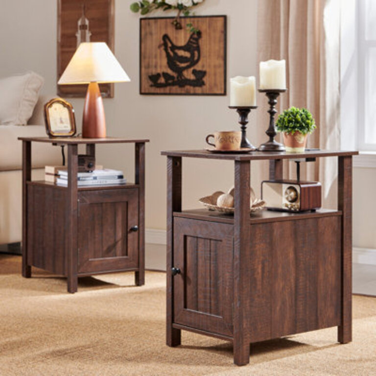 Willkie Farmhouse Nightstand Set  End Table with Charging Station wBarn Door  Open Shelves