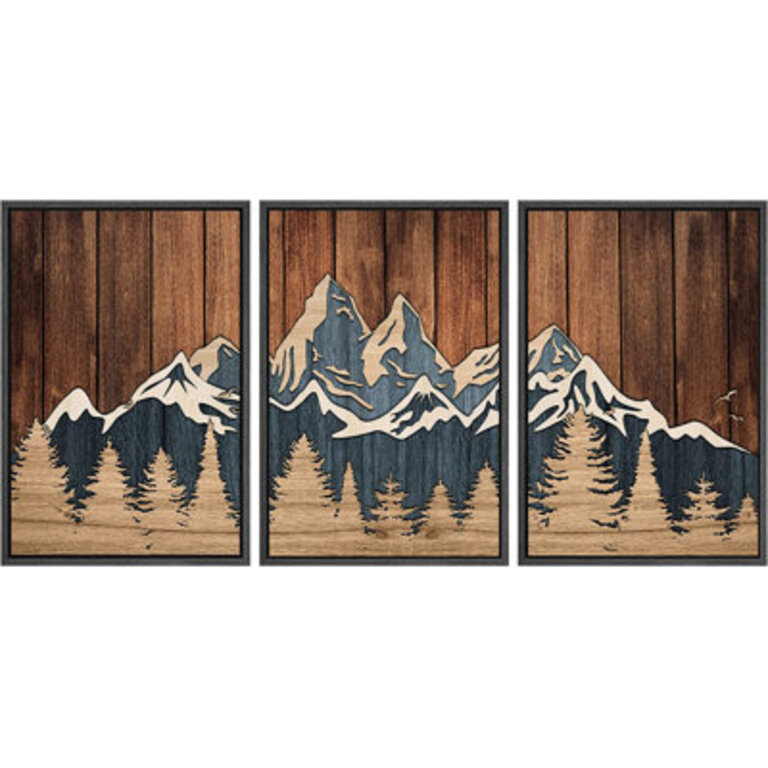Western Wood Effect Landscape Brown Abstract Mountain Forest Artwork Rustic Farmhouse Cabin Wall Pictures Large Framed Canvas Giclee Print 3 Pieces Wall Art Set