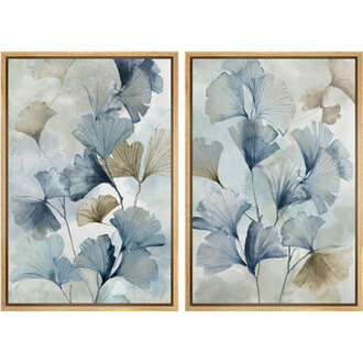 Blue Ginkgo Leaves Minimalist Abstract Botanical Modern - Framed Canvas Bedroom Wall Art Set 2 Print