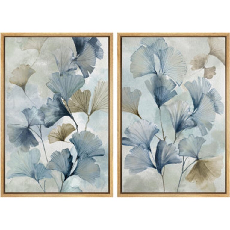 Blue Ginkgo Leaves Minimalist Abstract Botanical Modern - Framed Canvas Bedroom Wall Art Set 2 Print