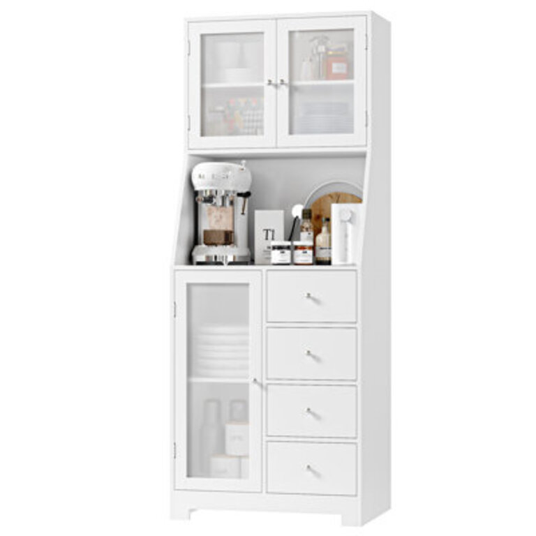 Boncho 642H Kitchen Pantry with Microwave Shelf Cabinets and 4 Drawers White