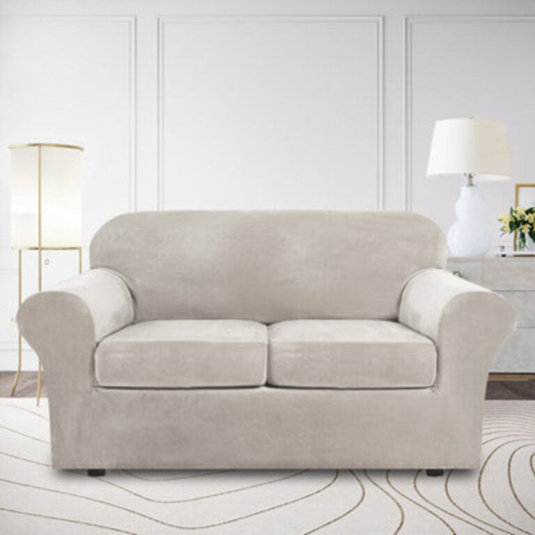 Soft Velvet Plush 3 Piece Stretch Loveseat Sofa Slipcover for 2 Cushion Couch Machine Washable