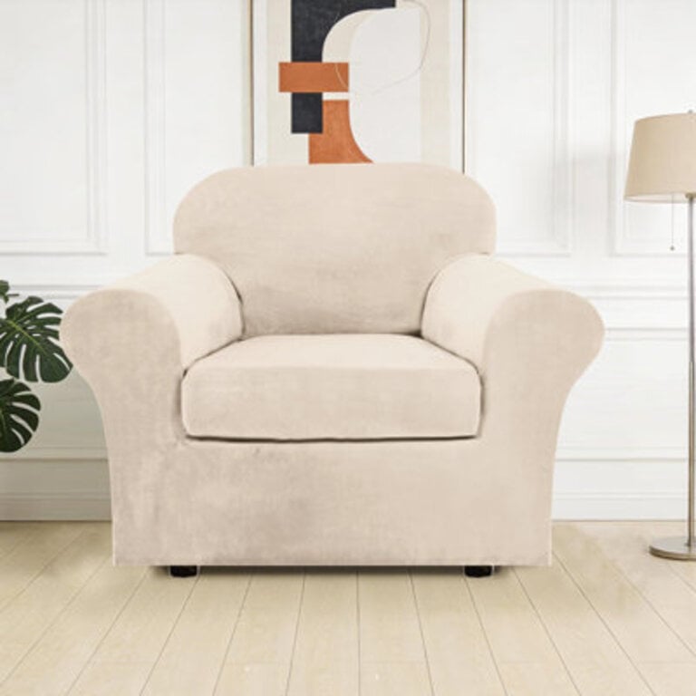 Rich Velvet Stretch 2 Pieces Box Cushion Armchair Slipcover with 1 Cushion Cover Furniture Protector Couch  Machine Washable