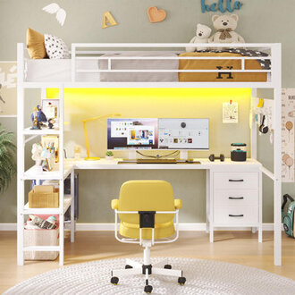 Twin Size Loft Bed With L-shaped Desk Led Lightscharging Stationtwin Metal Loft Bed With Desk And Fabric Drawers And Shelves 134 H Safety Guard No Box Spring Needed
