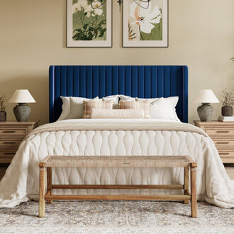 Candler Velvet Upholstered Platform Bed with Wingback Headboard and Wooden Slats