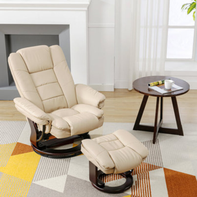 32 Contemporary Leather Recliner and Ottoman with Swiveling Mahogany Wood Base