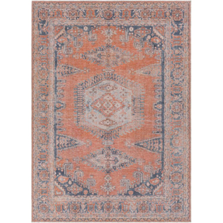 Bria Machine Washable Oriental Burnt OrangeBlue Area Rug