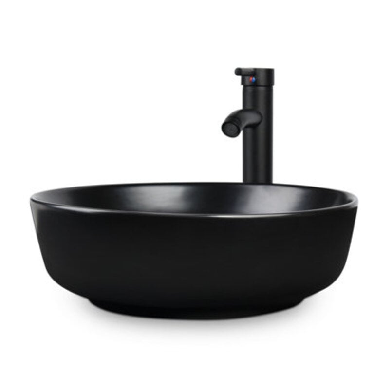 Andover Mills Kreutzer 165 Black Ceramic Circular Bathroom Sink with Faucet