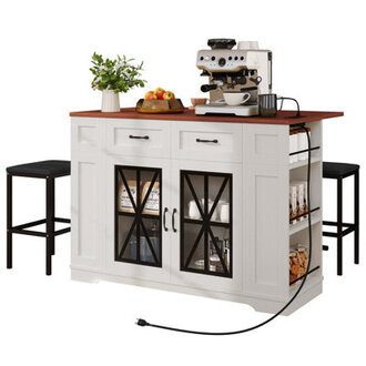 Medeeha Large Portable Kitchen Island Table With Storage Drop Leaf  2 Bar Stools Seating For Kitchen On Wheels With Power Outlet  Footrest