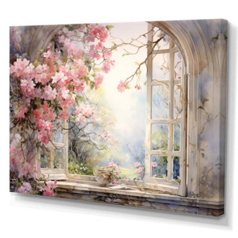 Pink Blossoming country window Gaze  I - Window Canvas Print Wall Art