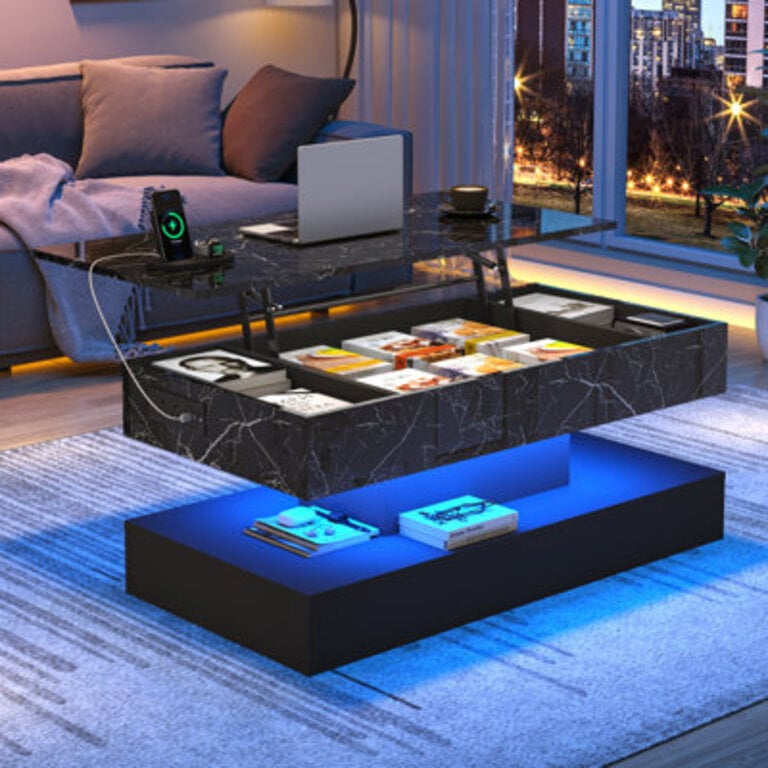 472 Large Lift Top Led Modern High Glossy  Coffee Table With Charging Station