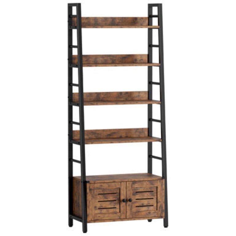 Kyesha Bookshelf With Louvered Doors Ladder Shelf With Cabinet Industrial Accent Furniture For Bedroom Living Room Home Office Rustic Brown