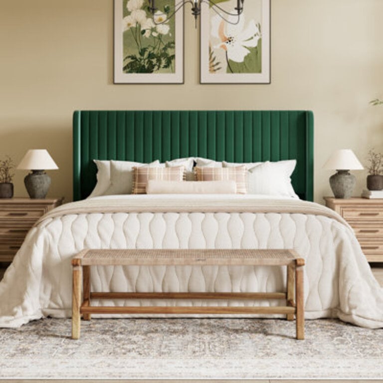 Candler Velvet Upholstered Platform Bed with Wingback Headboard and Wooden Slats