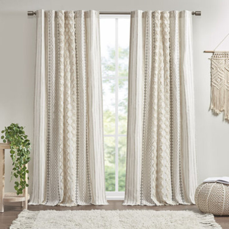 Imani 100 Cotton Printed Boho Single Curtain Panel with Tufted Chenille Stripe and Lining