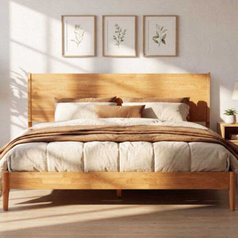 Haven Solid Wood Bed Frame with Headboard Scandinavian Platform Bed  All Mattress Support 800 lbs Capacity 5 Years Warranty