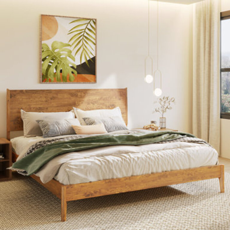 Solid Wood Bed Frame with Headboard  800lbs Capacity Scandinavian Platform Bed 5 Years Warranty Non-Slip and Noise-Free
