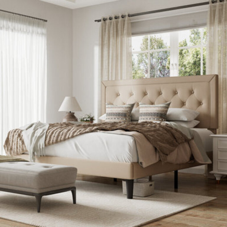 Hegg Linen Tufted Upholstered Platform Bed with Wood Slats Headboard Included