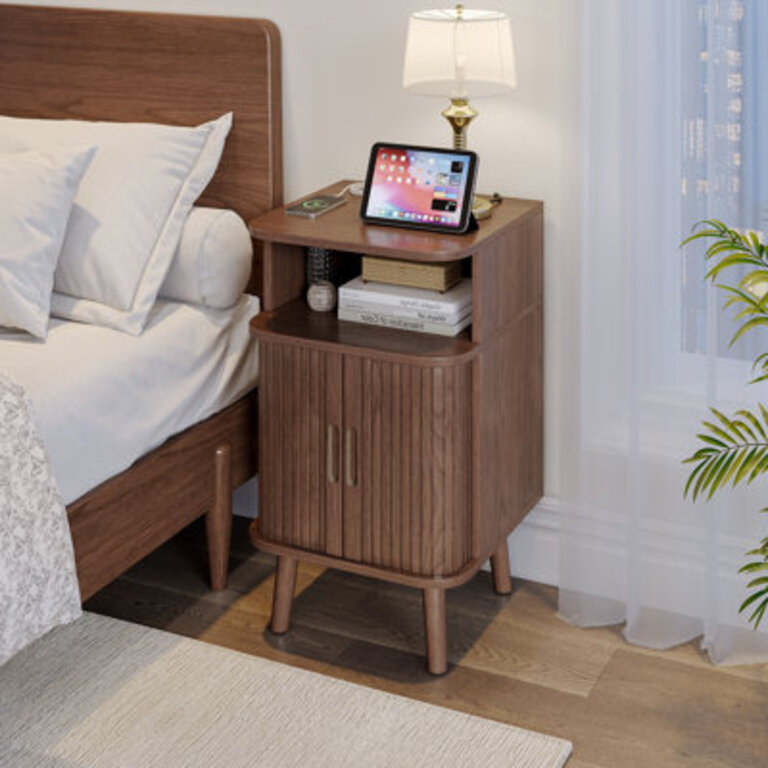Wood Nightstands Set With Charging Station Mid Century Modern End Side Table With Sliding Doors Fluted Bedside Table WalnutNatural Oak Set of 2