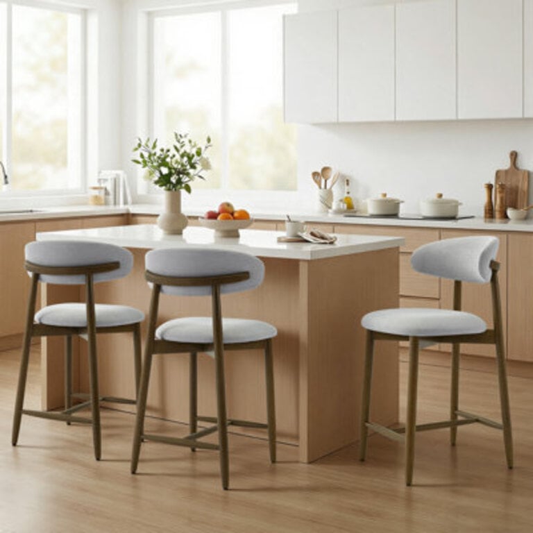 25 Upholstered Counter Stool with Curved Back and Solid Wood Base