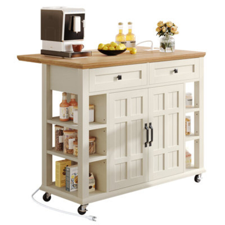 Brianny Rolling Kitchen Cart Island with Foldable Tabletop 2 Drawers and Power Outlet