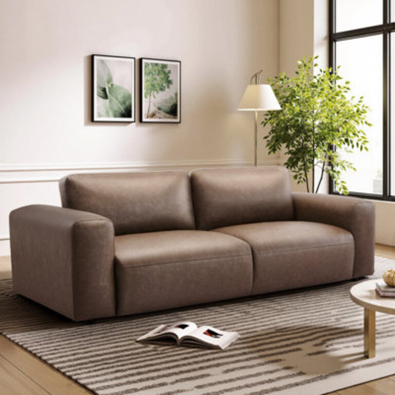 Benthe 95 Modern Square Arm Leather Fatty Sofa Brown Down
