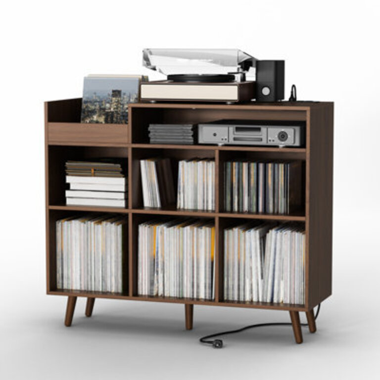 Meher 45 W Record Player Stand with Charging Station and Media Shelves