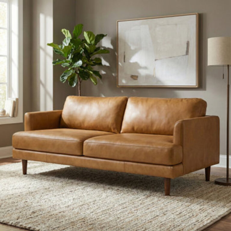Livingston Top Grain Genuine Leather Mid-Century Modern Sofa With Solid Wood Frame For Living Room