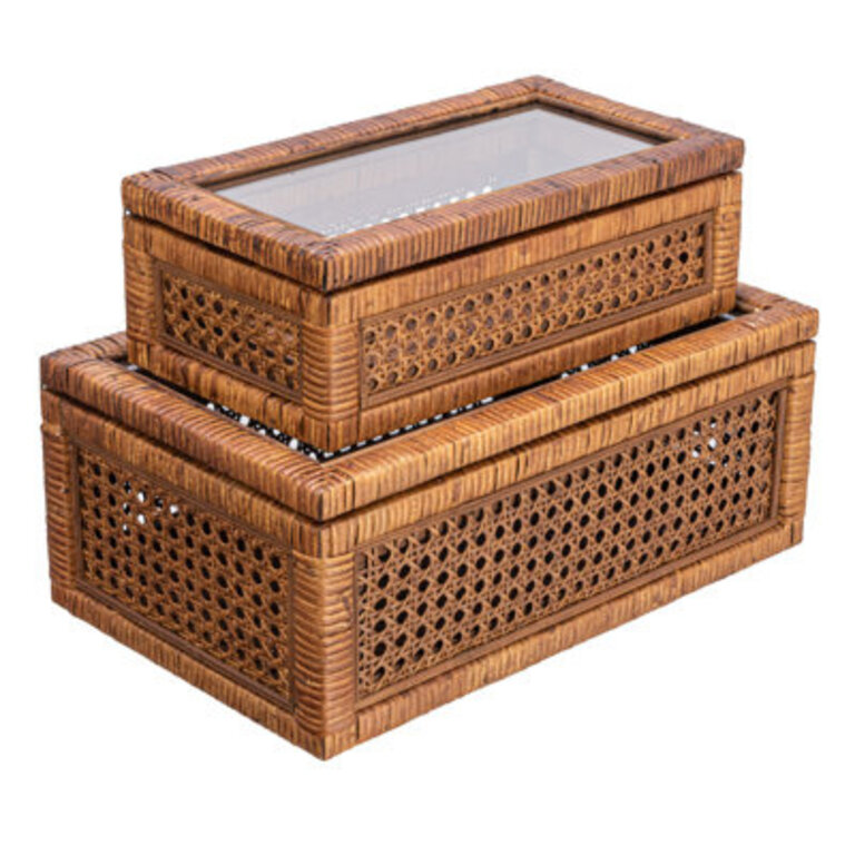 Edelie Woven Cane and Glass Decorative Box Set of 2