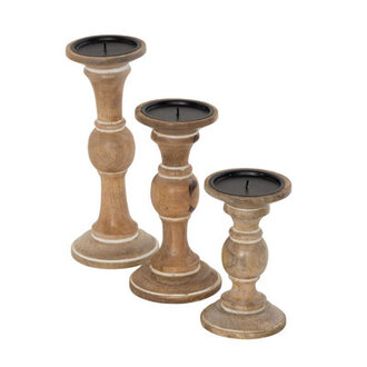 Mango Wood Turned Style Pillar Candle Holders Set of 3