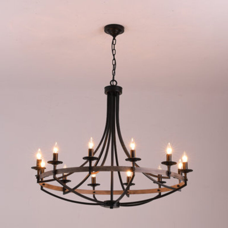 Cailley 12-Light Dimmable Wagon Wheel Chandelier with Adjustable Height