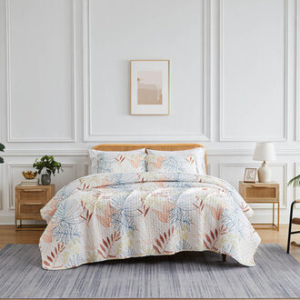 Tropic Leaf Collection BeigeBlueBrown Microfiber Reversible Quilt Set