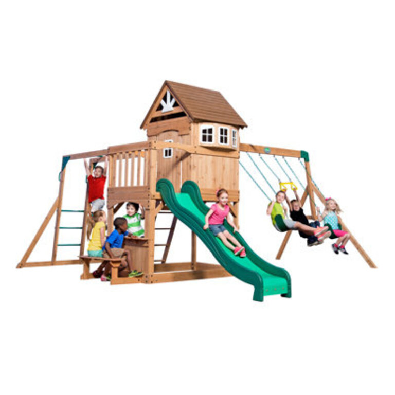 Backyard Discovery Montpelier Cedar Wood Swing Set with Wave Slide Clubhouse Monkey Bars and Picnic Area