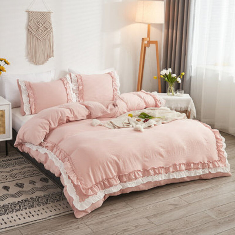 Pink Ruffled Duvet Cover Set Vintage Ruffle Fringe Comforter Cover