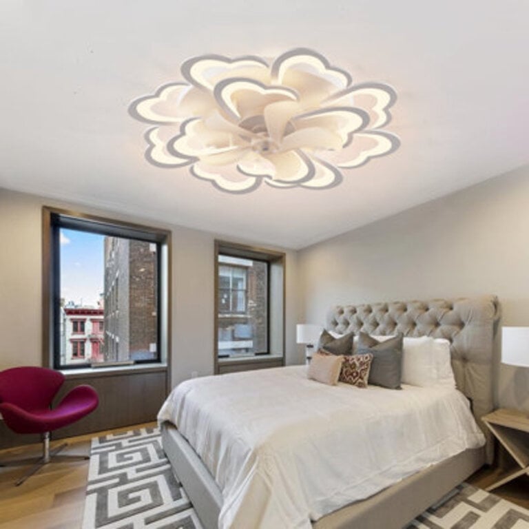 Acea 346 White Flower Ceiling Fan With Dimmable Light Modern LED Flush Mount Ceiling Fan Light Remote
