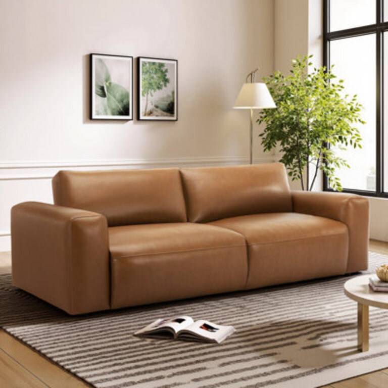 Benthe 95 Modern Square Arm Leather Fatty Sofa Brown Down